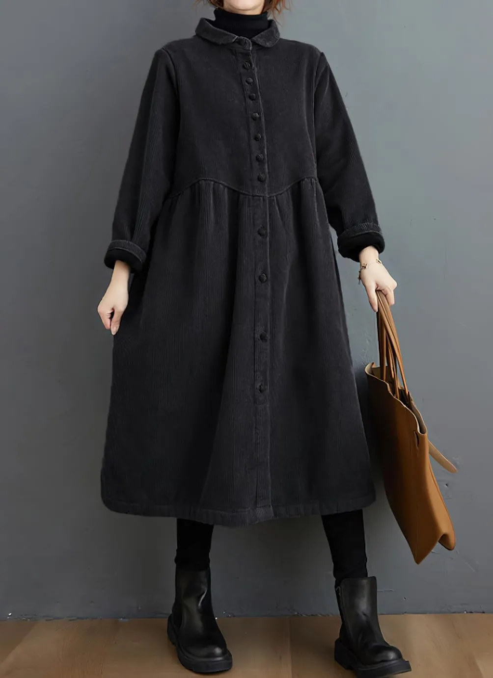 chouyatou Women Winter A-Line Fleece Sherpa Lined Long Corduory Trench Coat Casual Button Down Shirt Dress
