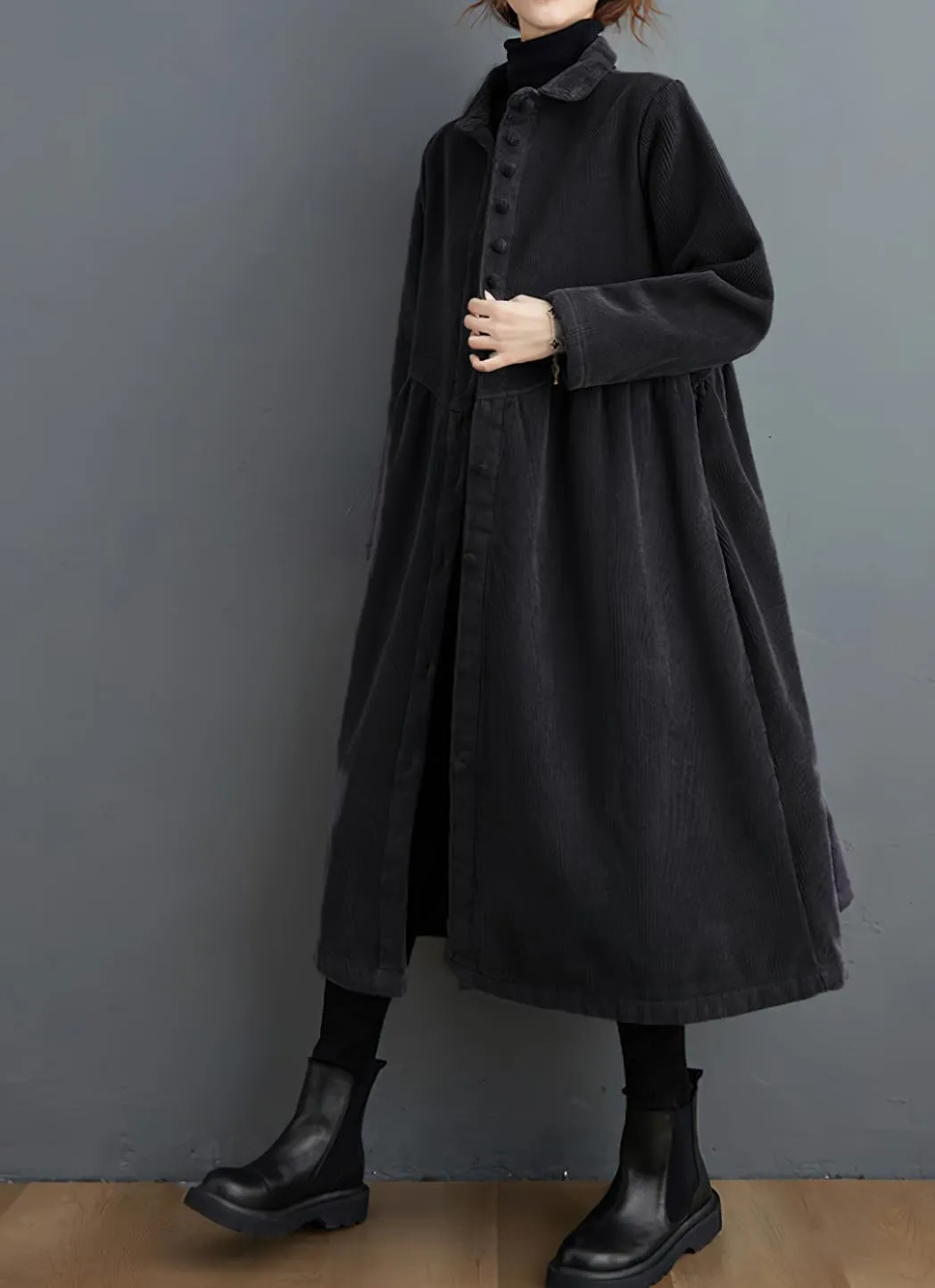 chouyatou Women Winter A-Line Fleece Sherpa Lined Long Corduory Trench Coat Casual Button Down Shirt Dress