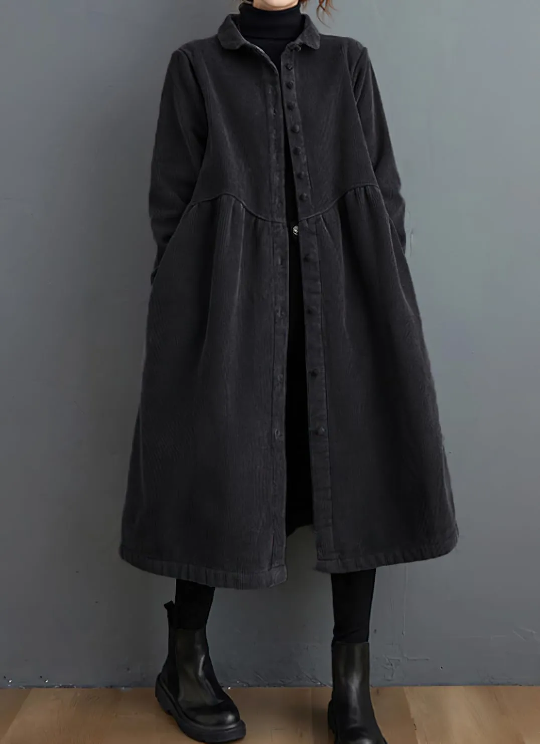 chouyatou Women Winter A-Line Fleece Sherpa Lined Long Corduory Trench Coat Casual Button Down Shirt Dress