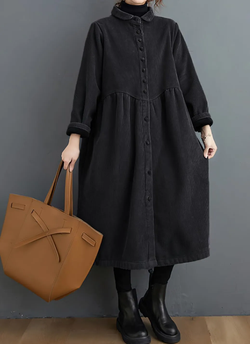 chouyatou Women Winter A-Line Fleece Sherpa Lined Long Corduory Trench Coat Casual Button Down Shirt Dress