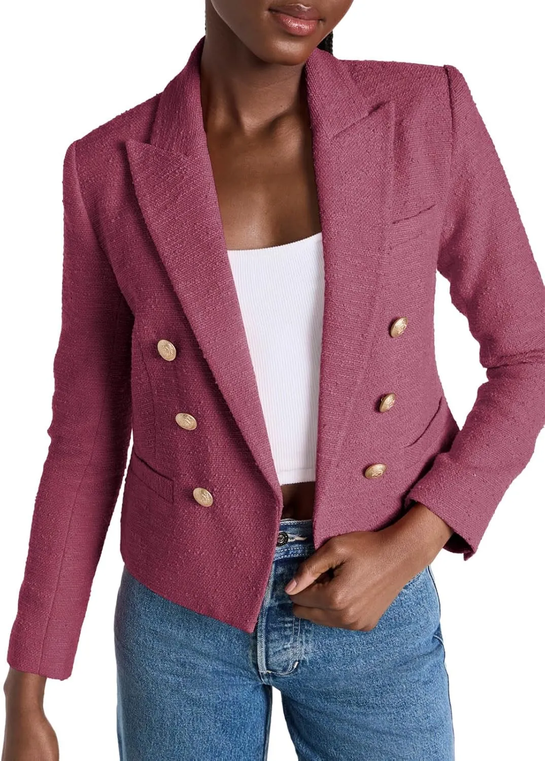 Cicy Bell Women Cropped Tweed Blazer Jackets Lapel Open Front Long Sleeve Business Suit Jackets with Pocket