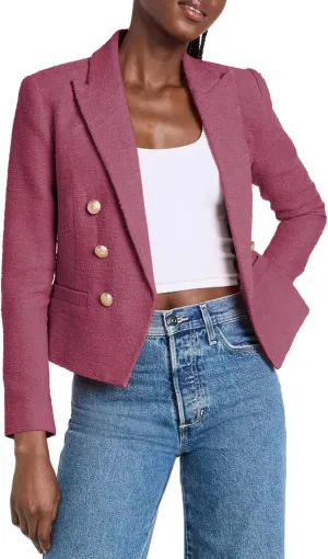 Cicy Bell Women Cropped Tweed Blazer Jackets Lapel Open Front Long Sleeve Business Suit Jackets with Pocket