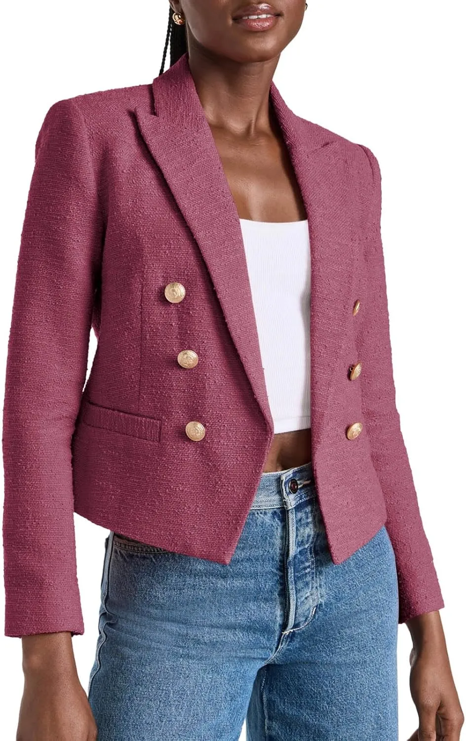 Cicy Bell Women Cropped Tweed Blazer Jackets Lapel Open Front Long Sleeve Business Suit Jackets with Pocket