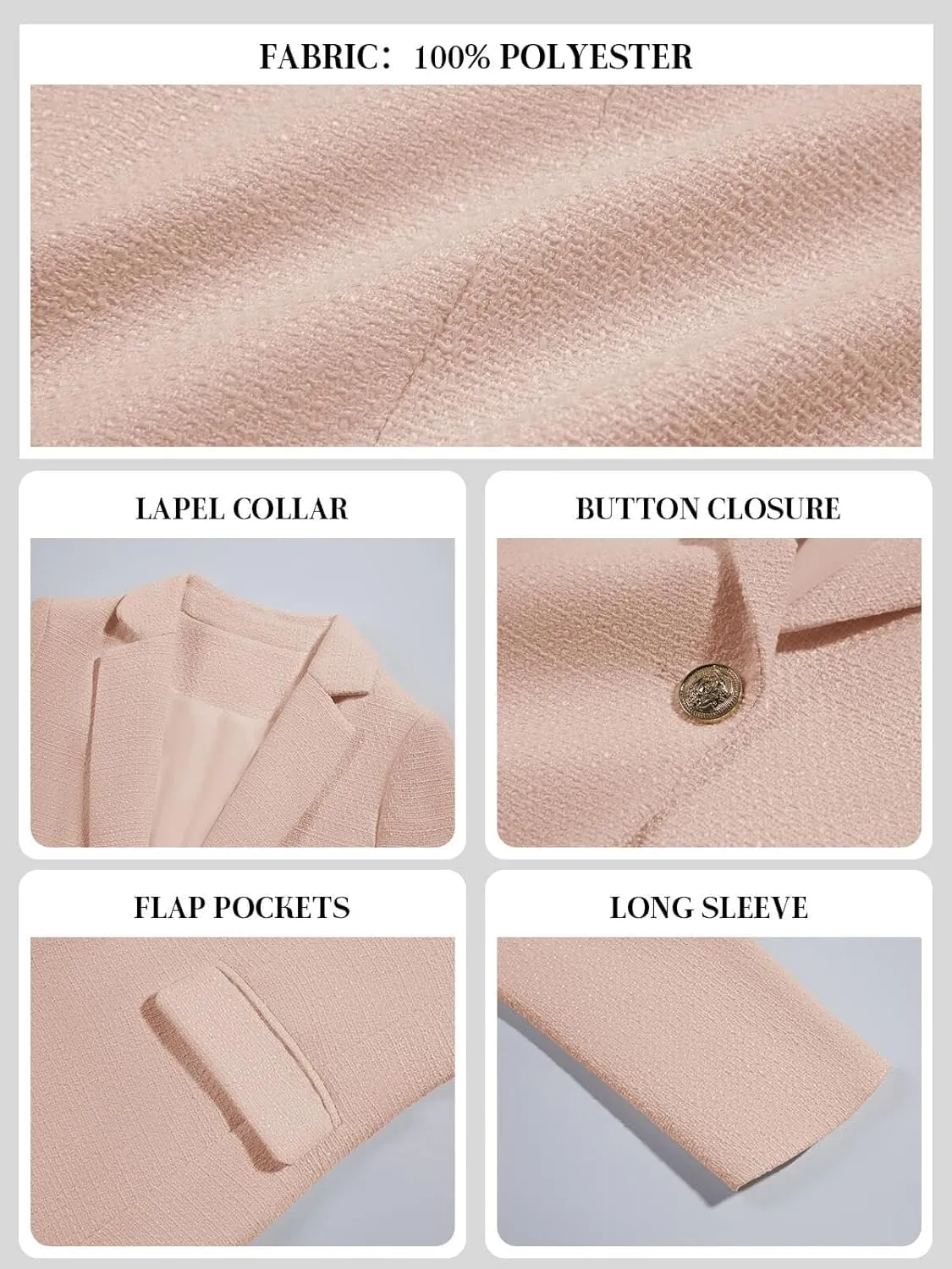 Cicy Bell Womens Tweed Blazer Dressy Casual Long Sleeve Button Open Front Suit Jackets Business Professional Outfits