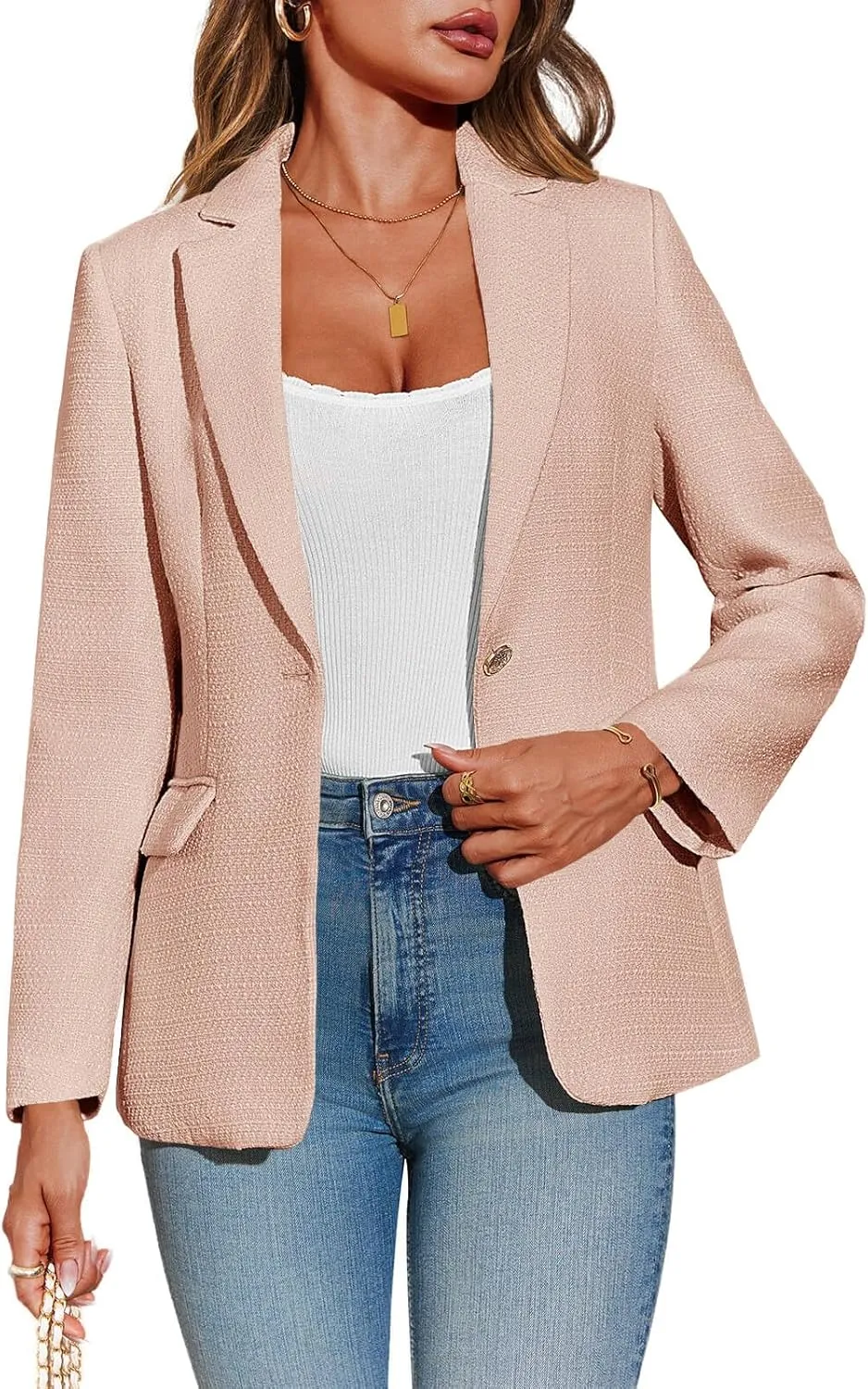 Cicy Bell Womens Tweed Blazer Dressy Casual Long Sleeve Button Open Front Suit Jackets Business Professional Outfits