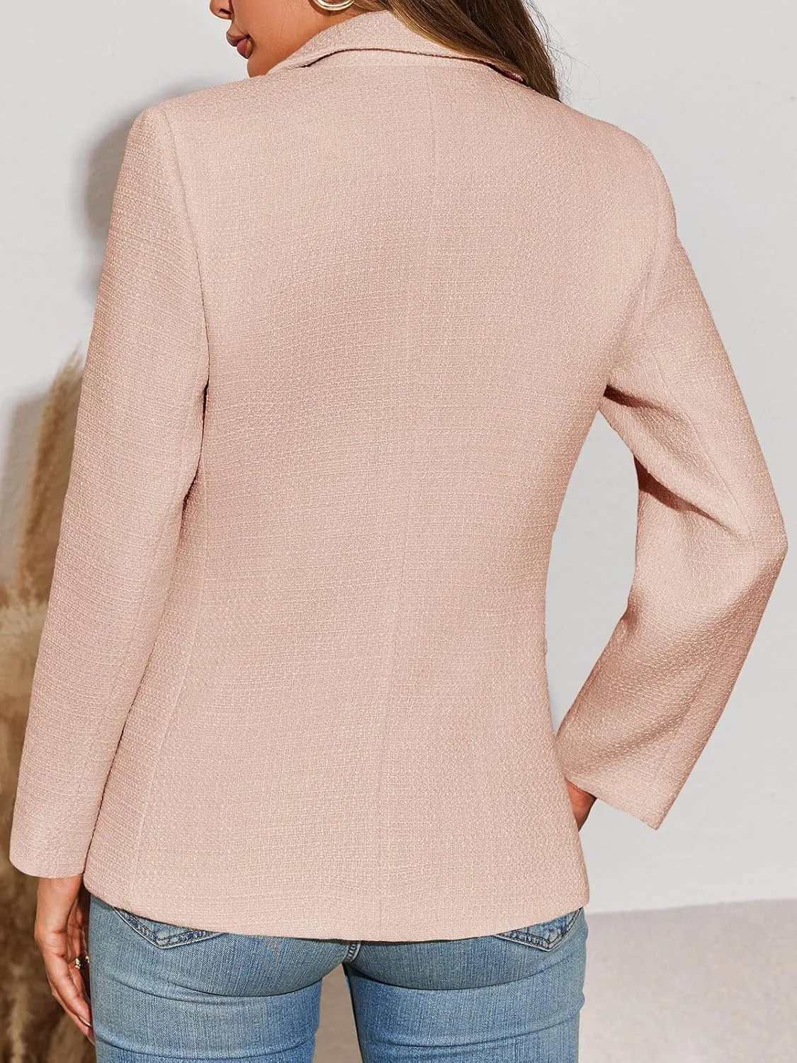 Cicy Bell Womens Tweed Blazer Dressy Casual Long Sleeve Button Open Front Suit Jackets Business Professional Outfits
