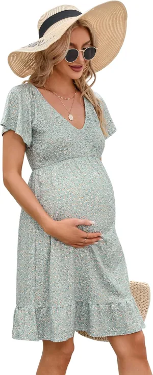 Coolmee Women's Maternity Short Sleeve Ruffle Dress V Neck Summer Casual Smocked Flowy Midi Dress for Baby Shower Photoshoot