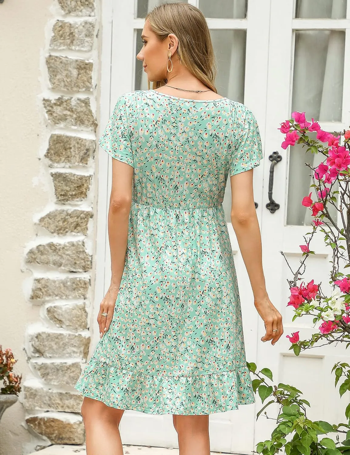 Coolmee Women's Maternity Short Sleeve Ruffle Dress V Neck Summer Casual Smocked Flowy Midi Dress for Baby Shower Photoshoot
