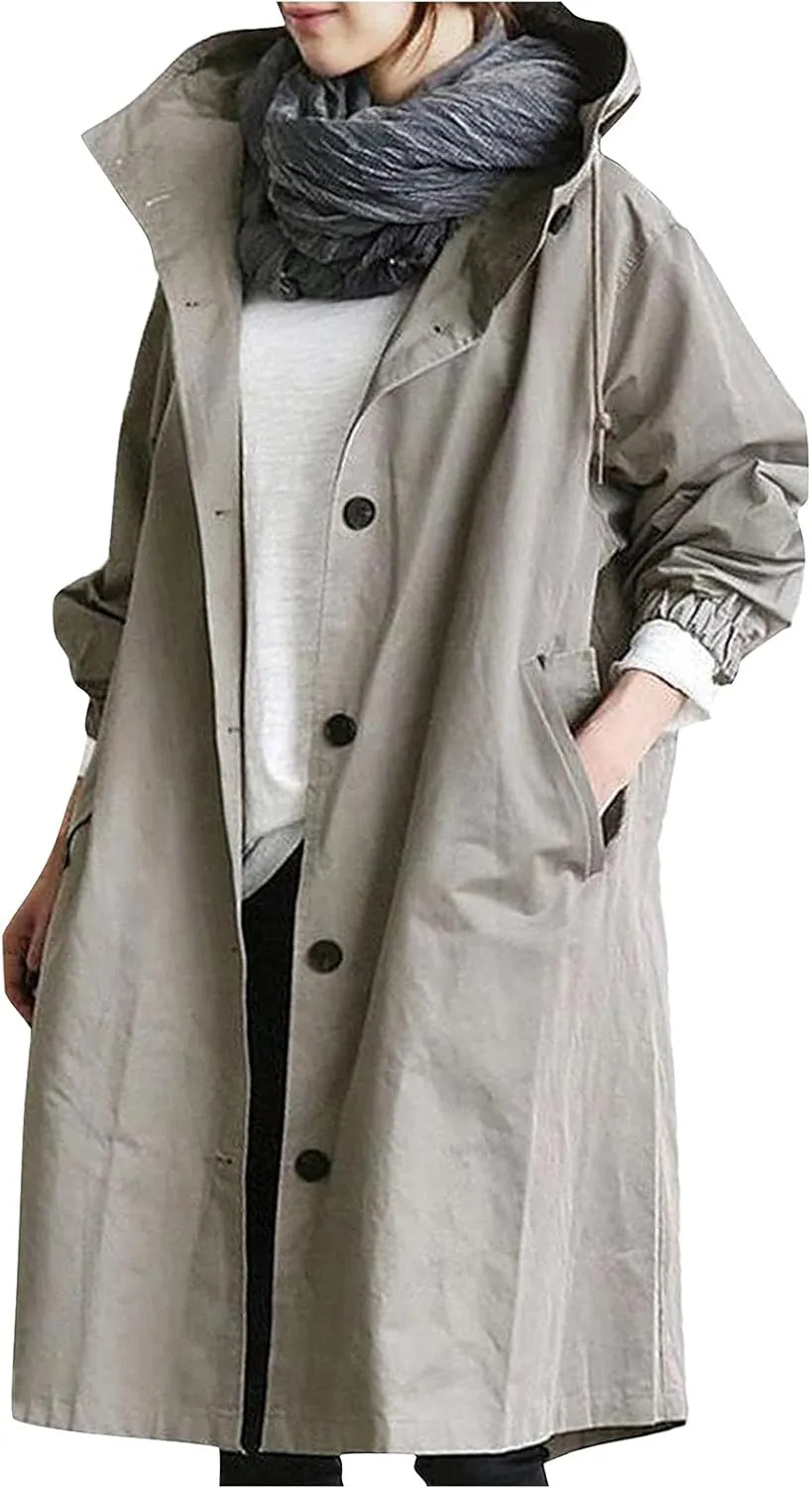COTECRAM Winter Coats for Women Plus Size Casual Long Trench Coat Fashion Hood Windbreaker Jackets Outerwear with Pockets