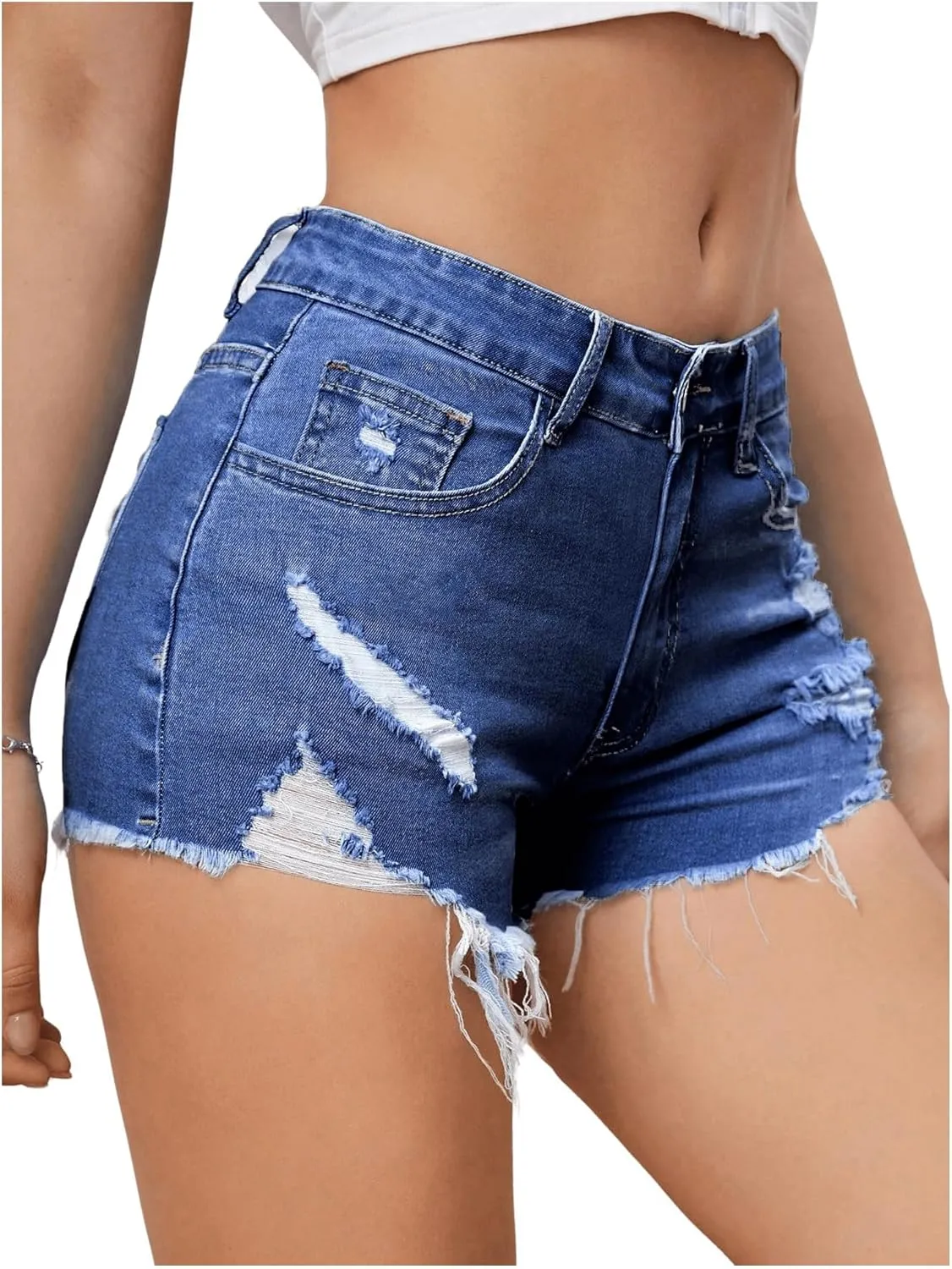 COZYEASE Women's Ripped Raw Trim Denim Shorts Plain Zipper Fly Straight Leg Jean Shorts