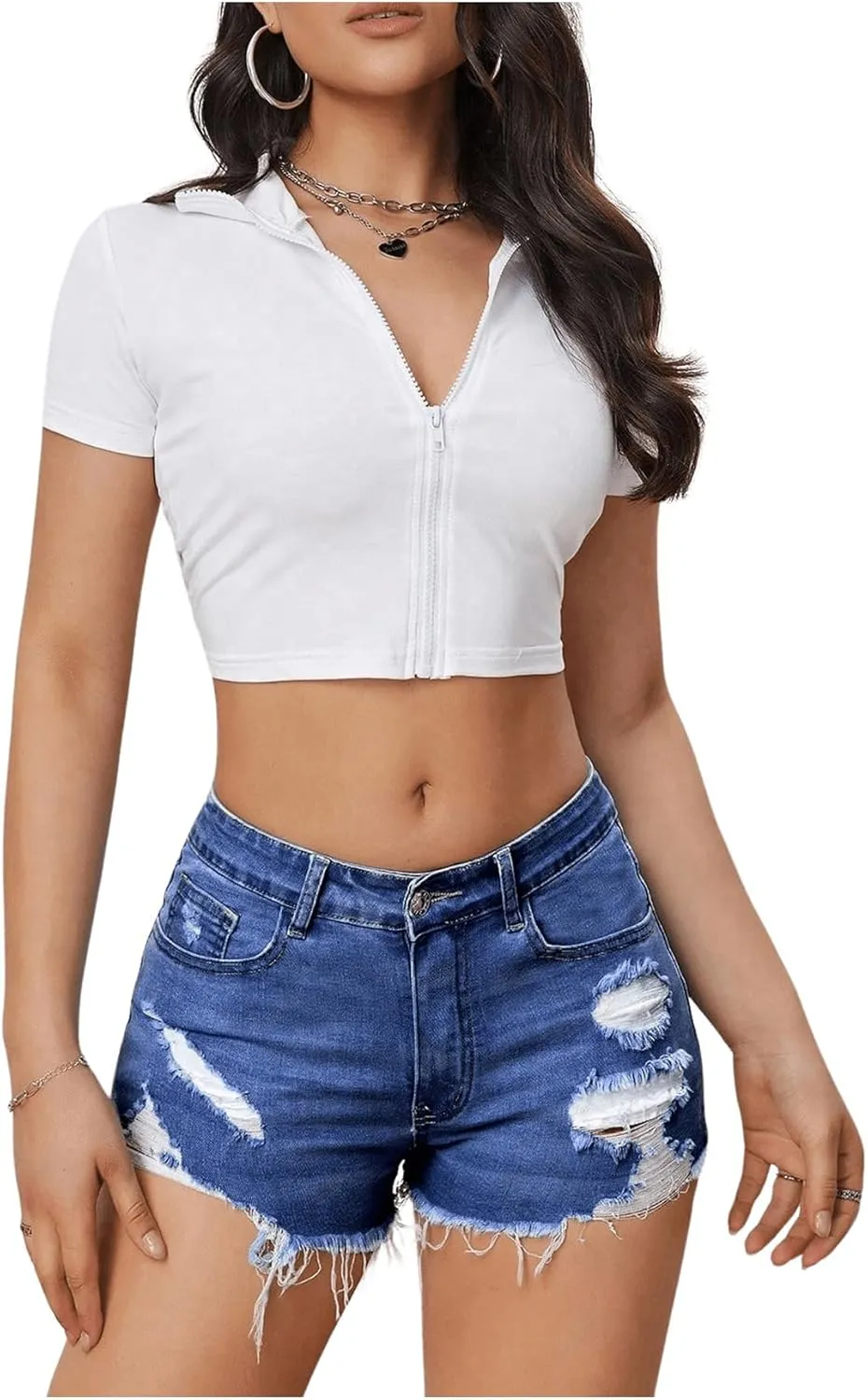 COZYEASE Women's Ripped Raw Trim Denim Shorts Plain Zipper Fly Straight Leg Jean Shorts