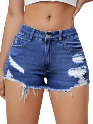 COZYEASE Women's Ripped Raw Trim Denim Shorts Plain Zipper Fly Straight Leg Jean Shorts