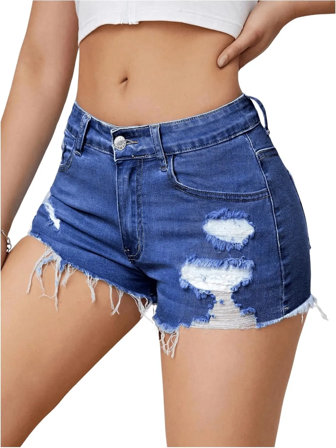COZYEASE Women's Ripped Raw Trim Denim Shorts Plain Zipper Fly Straight Leg Jean Shorts