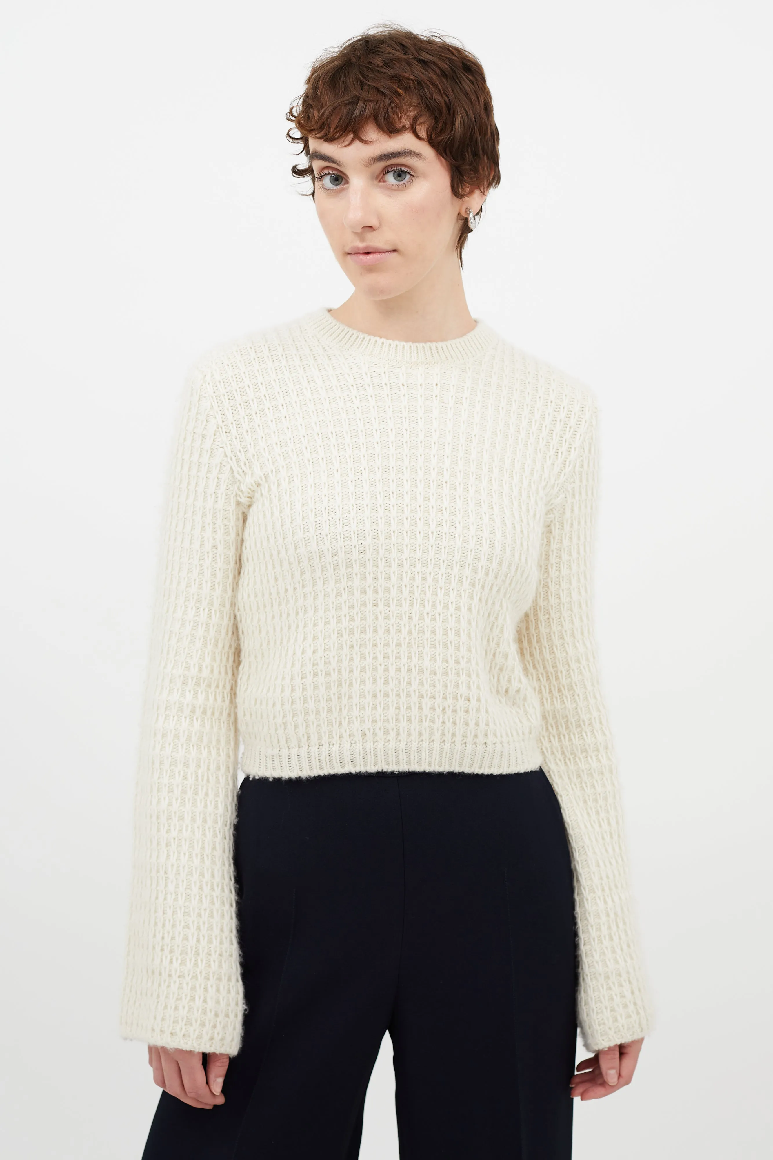 Cream Wool Cropped Knit Sweater
