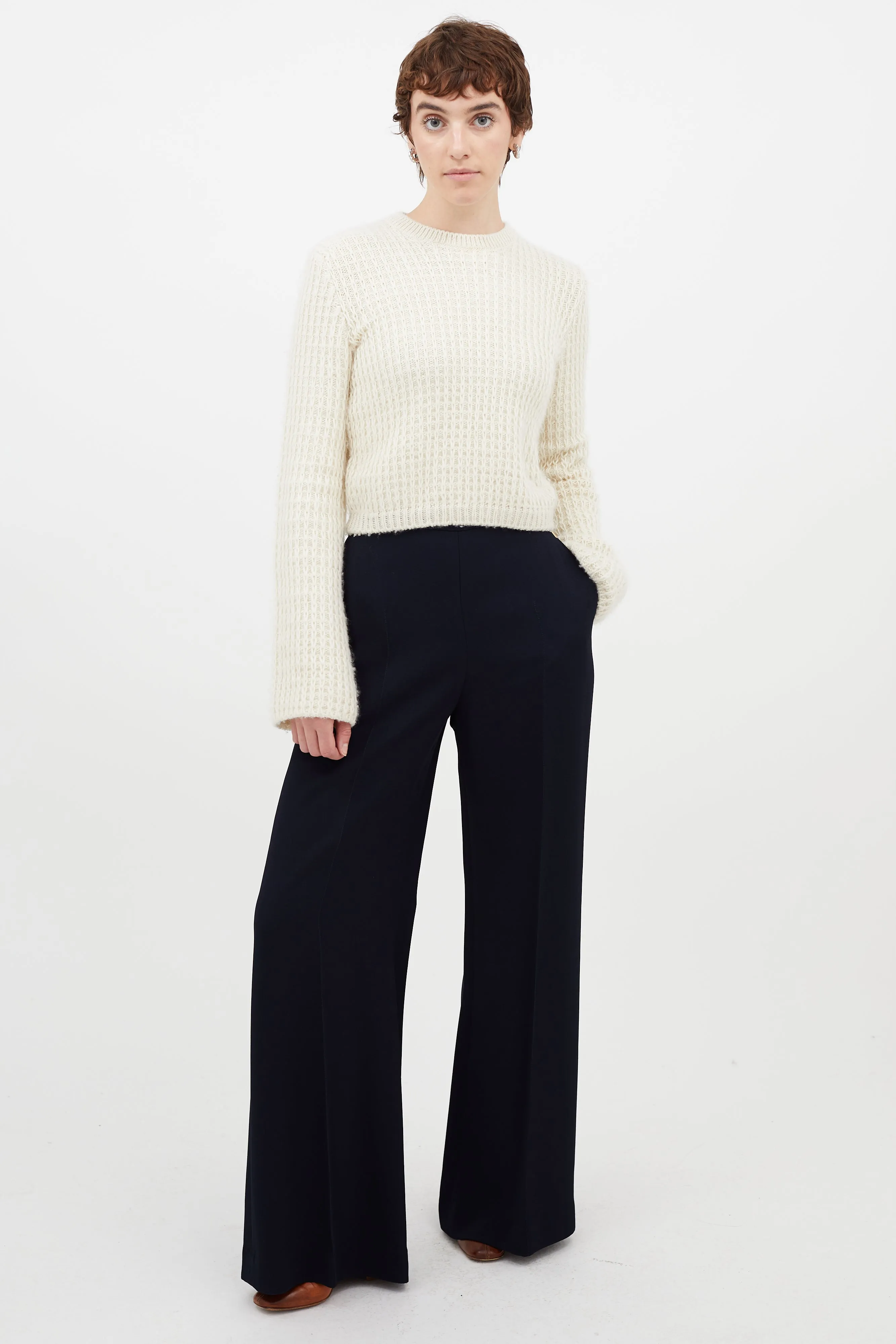 Cream Wool Cropped Knit Sweater