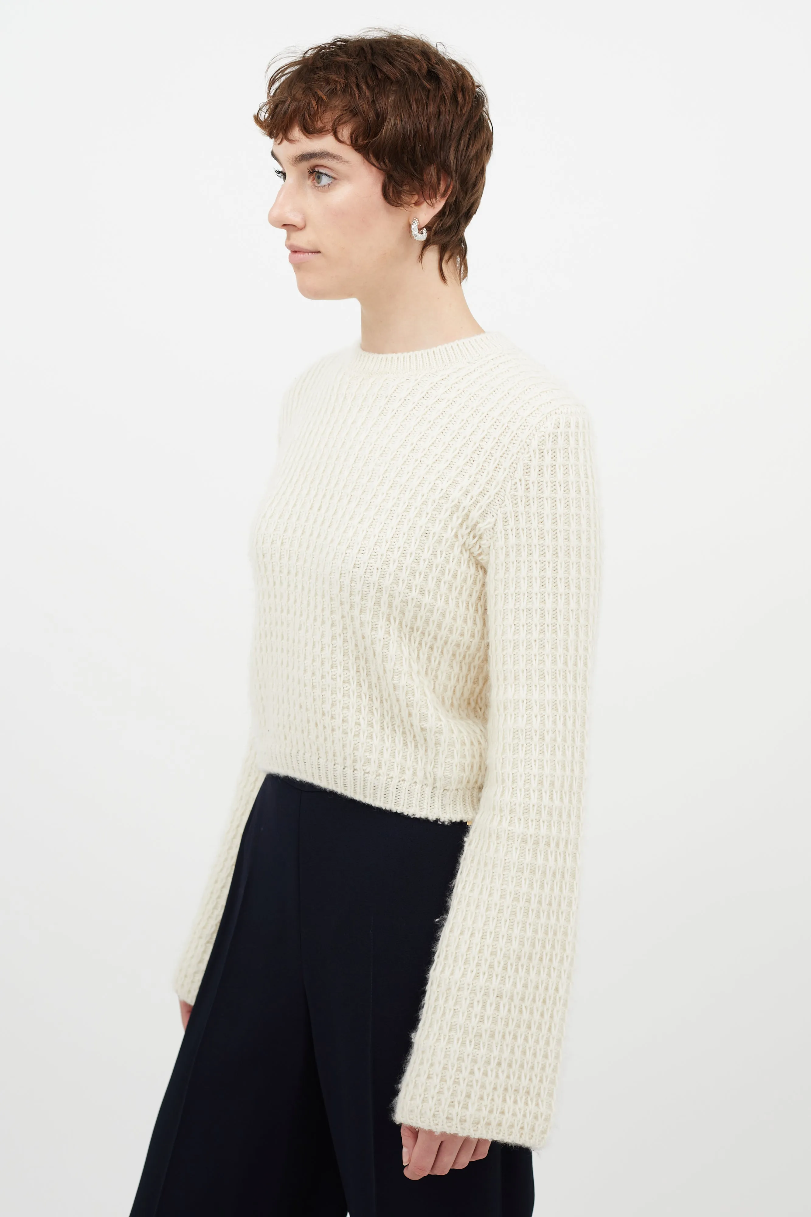 Cream Wool Cropped Knit Sweater