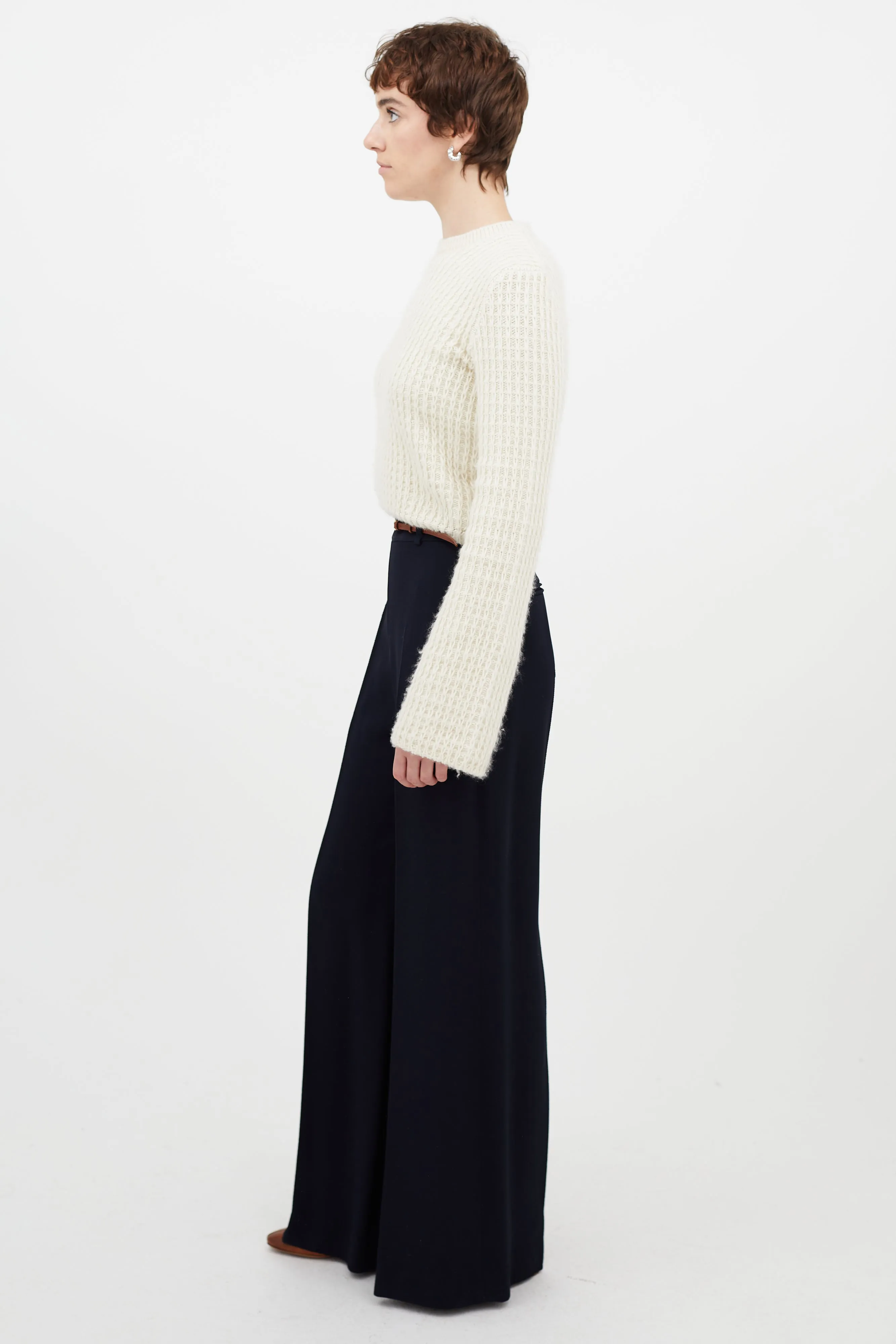 Cream Wool Cropped Knit Sweater