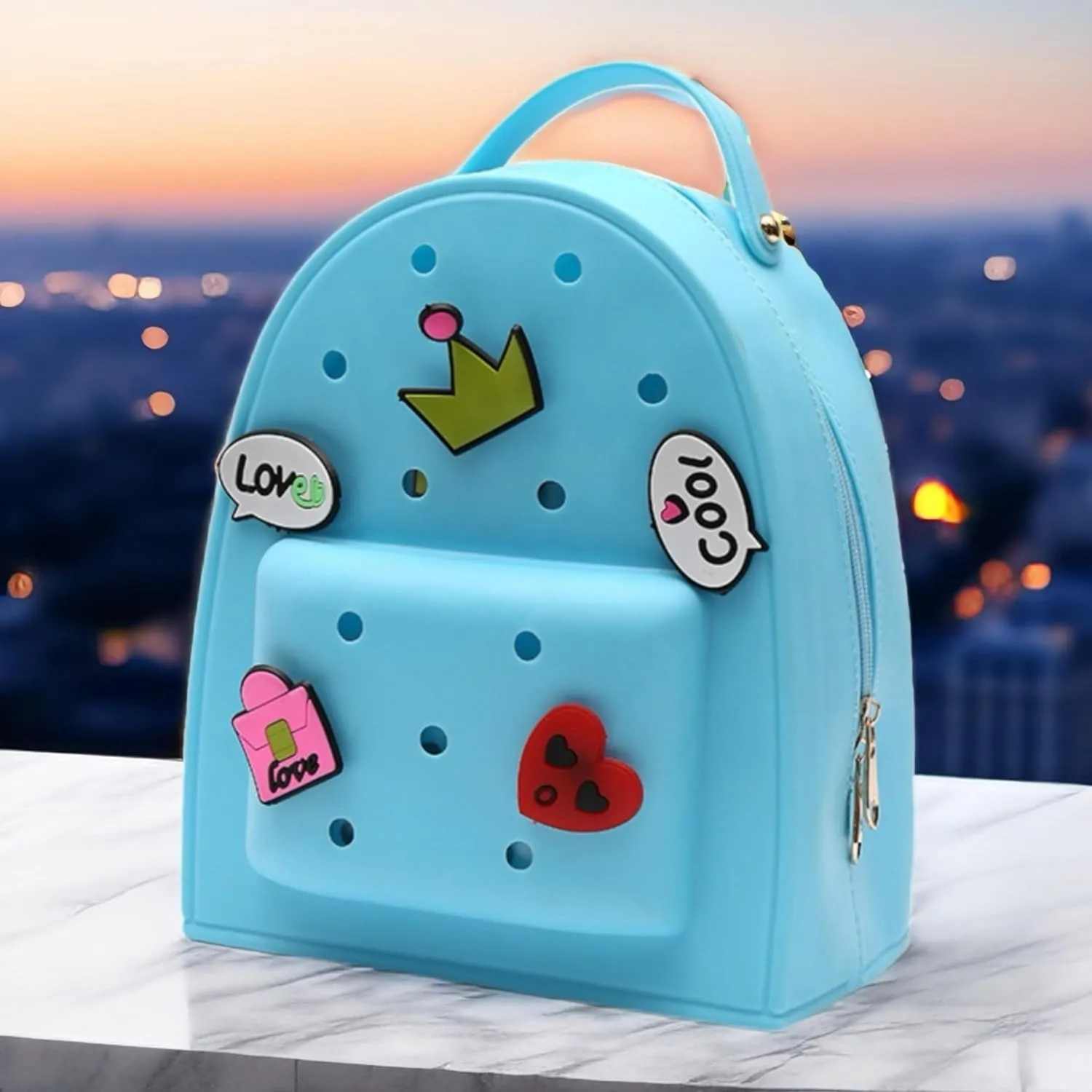 Cute Silicone Jelly Mini Backpack (2 Sizes) for Women Boys & Girls, Water-Resistant Lightweight Bag for Pool, Beach, Gym, Customizable Charms, Easy Clean (Blue, Large)