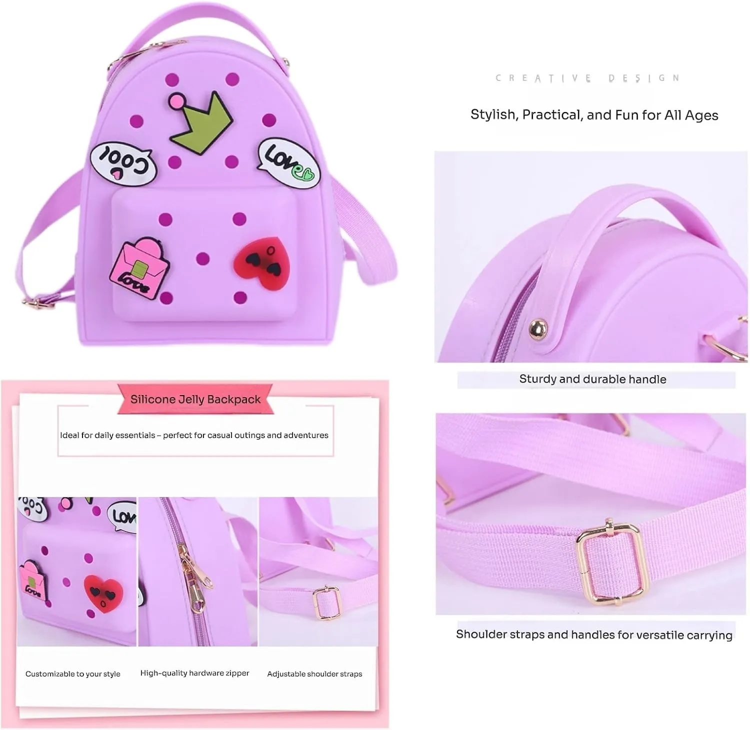Cute Silicone Jelly Mini Backpack (2 Sizes) for Women Boys & Girls, Water-Resistant Lightweight Bag for Pool, Beach, Gym, Customizable Charms, Easy Clean (Lavender, Large)