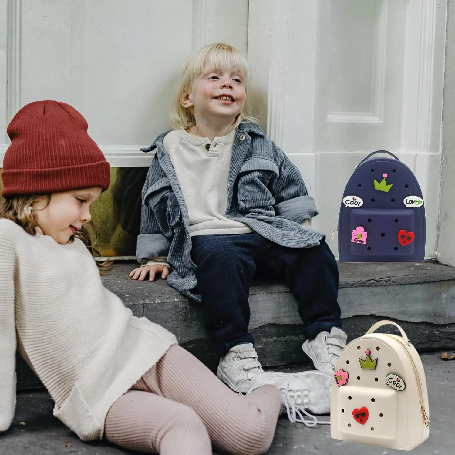Cute Silicone Jelly Mini Backpack (2 Sizes) for Women Boys & Girls, Water-Resistant Lightweight Bag for Pool, Beach, Gym, Customizable Charms, Easy Clean (Navy, Large)