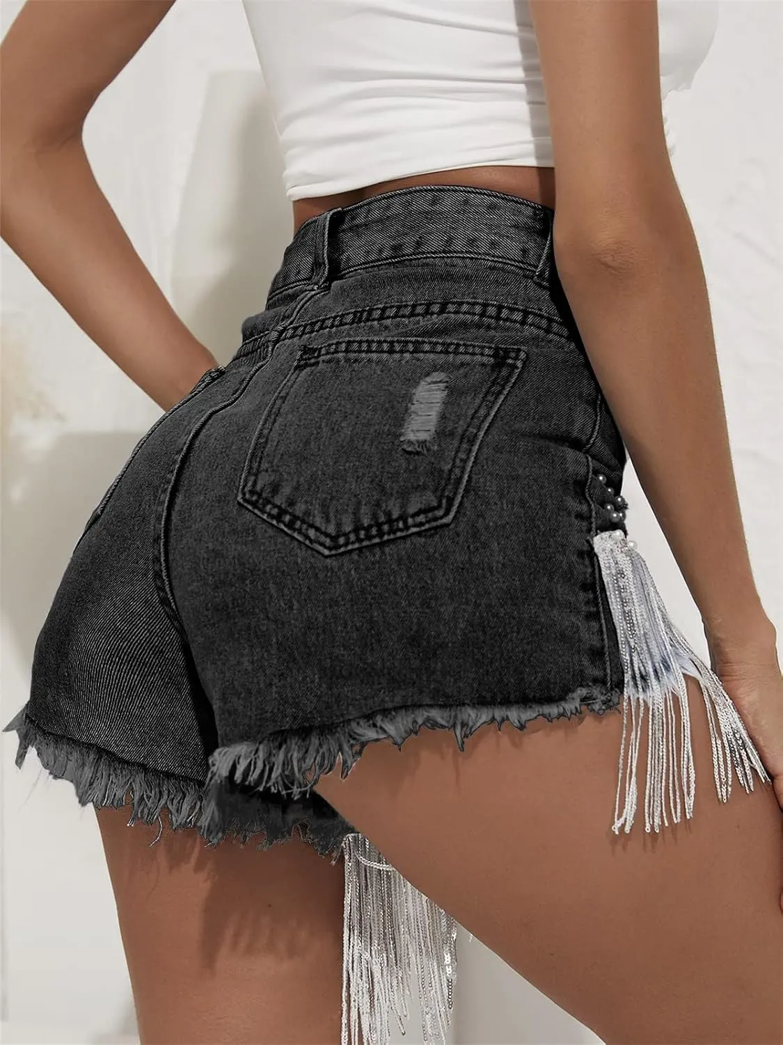 CYLADY Women High Waisted Denim Shorts Ripped Jeans Frayed Raw Hem Tassels Jean Shorts
