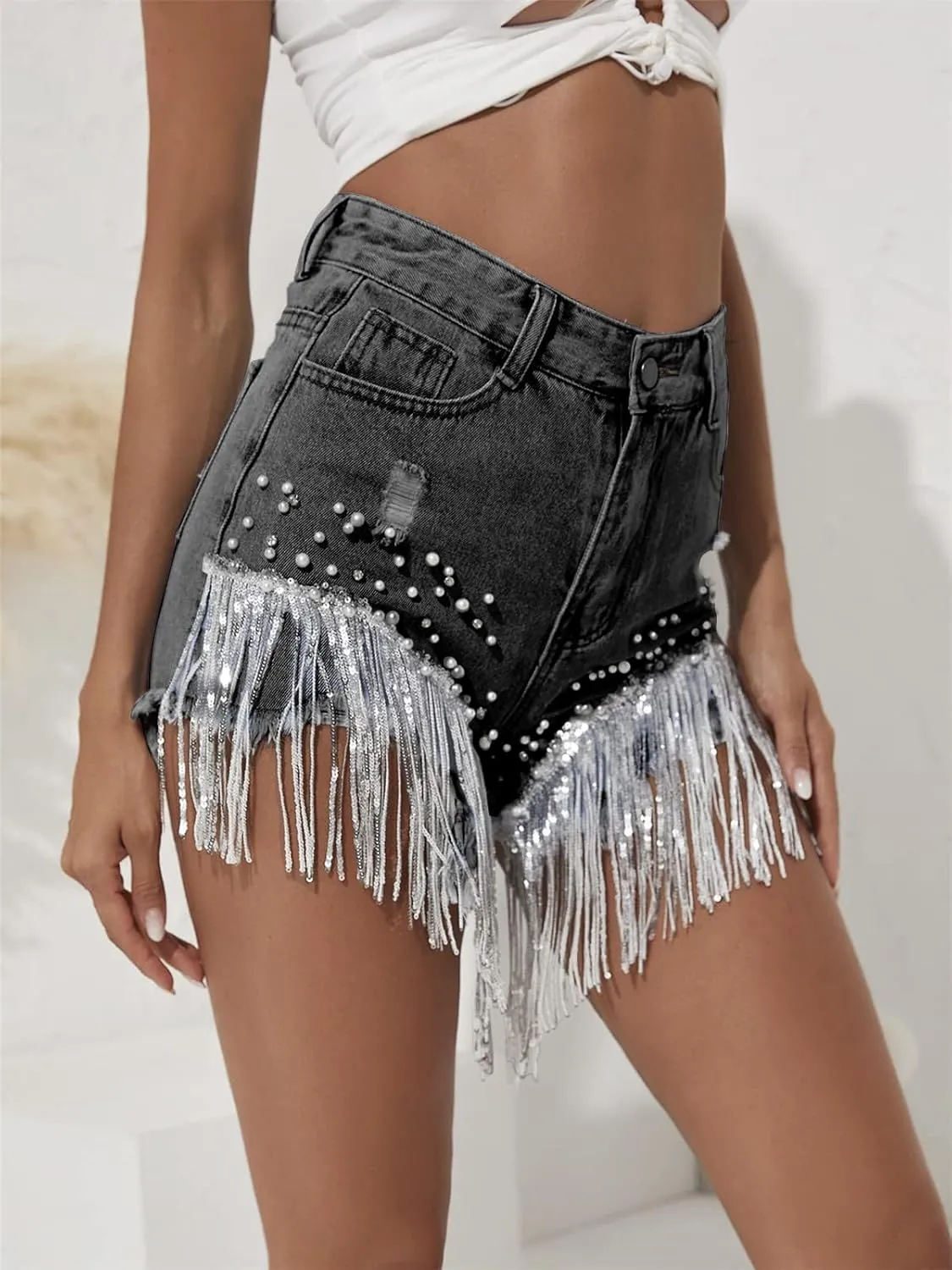 CYLADY Women High Waisted Denim Shorts Ripped Jeans Frayed Raw Hem Tassels Jean Shorts