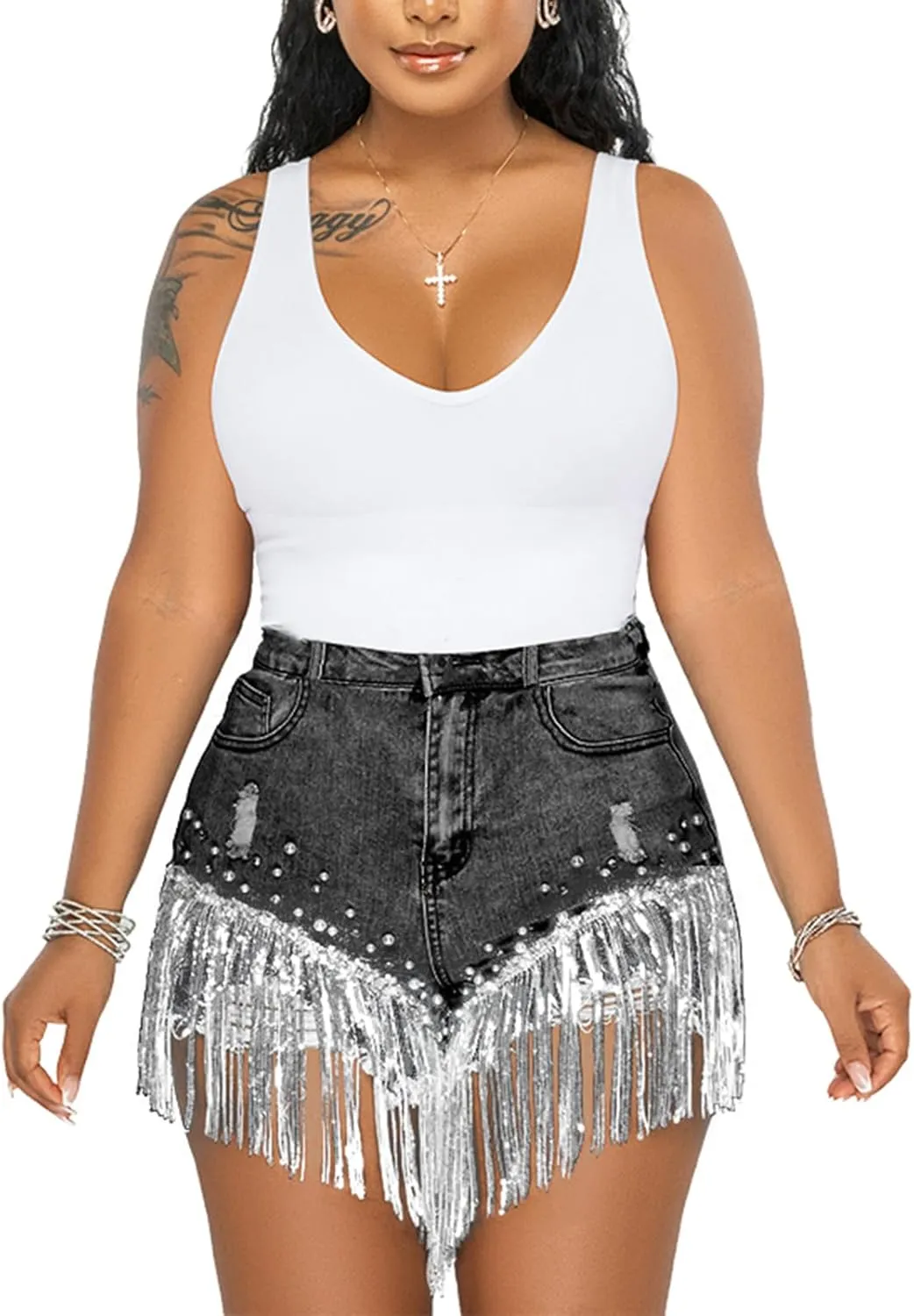 CYLADY Women High Waisted Denim Shorts Ripped Jeans Frayed Raw Hem Tassels Jean Shorts