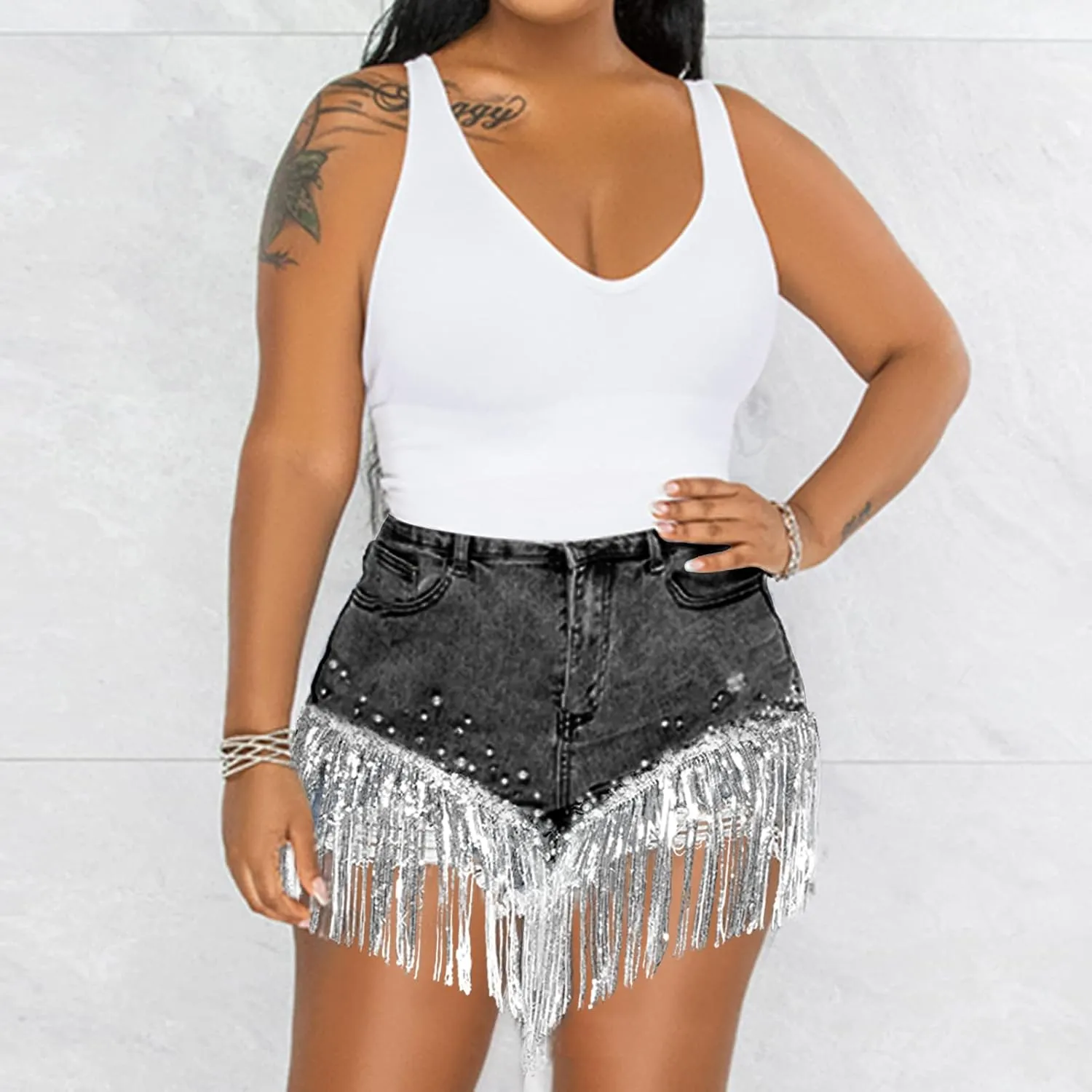 CYLADY Women High Waisted Denim Shorts Ripped Jeans Frayed Raw Hem Tassels Jean Shorts