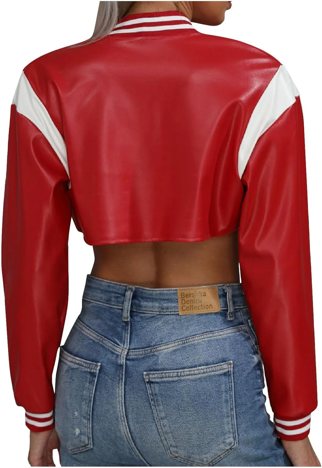 Dademeo Women's Bomber Jackets Leather Button Casual Cropped Baseball Jacket Fashion Motorcycle Jacket Short Varsity Outwear