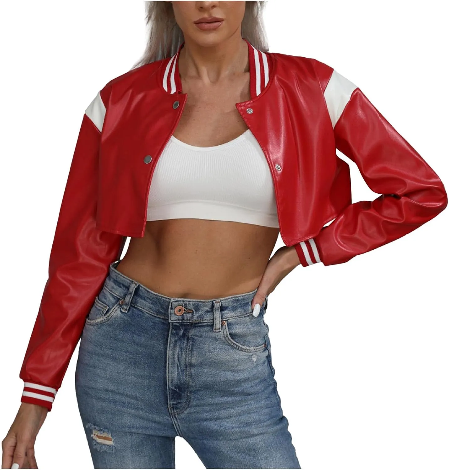 Dademeo Women's Bomber Jackets Leather Button Casual Cropped Baseball Jacket Fashion Motorcycle Jacket Short Varsity Outwear