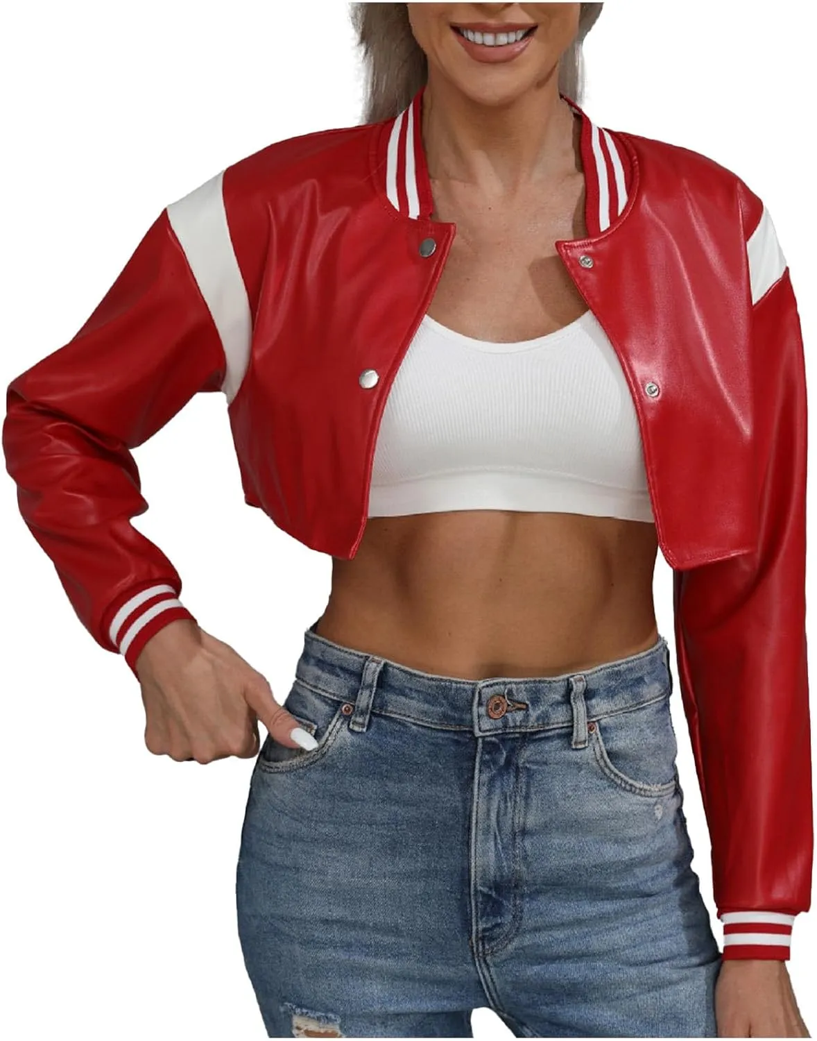 Dademeo Women's Bomber Jackets Leather Button Casual Cropped Baseball Jacket Fashion Motorcycle Jacket Short Varsity Outwear