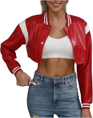 Dademeo Women's Bomber Jackets Leather Button Casual Cropped Baseball Jacket Fashion Motorcycle Jacket Short Varsity Outwear