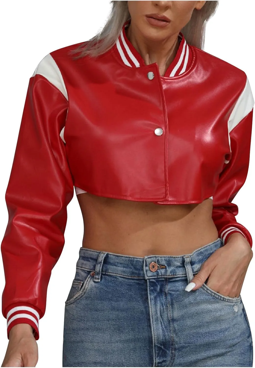 Dademeo Women's Bomber Jackets Leather Button Casual Cropped Baseball Jacket Fashion Motorcycle Jacket Short Varsity Outwear