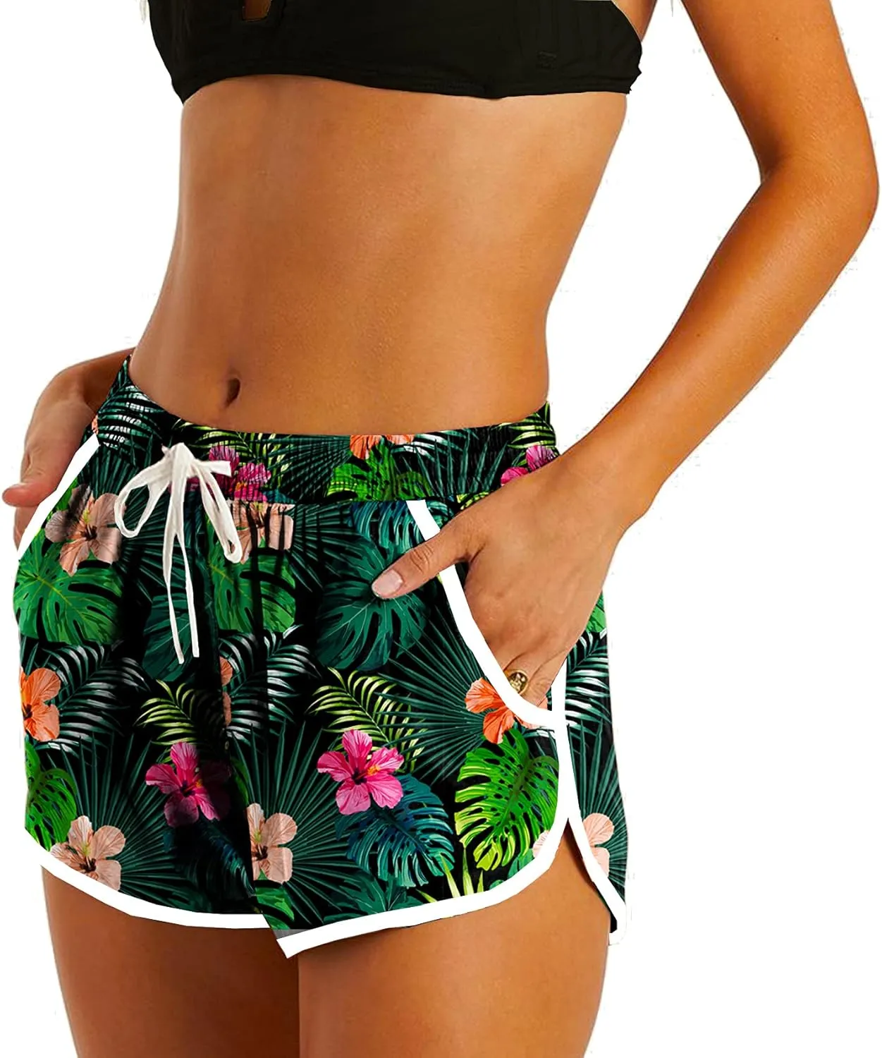 Deerose Women 4th of July Board Shorts Hawaiian Tropical Print Beach Swim Shorts with Pockets