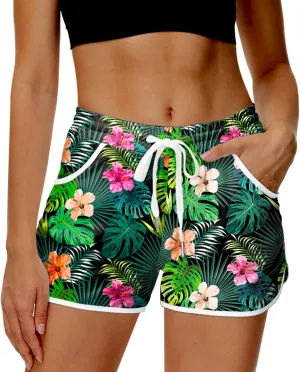 Deerose Women 4th of July Board Shorts Hawaiian Tropical Print Beach Swim Shorts with Pockets