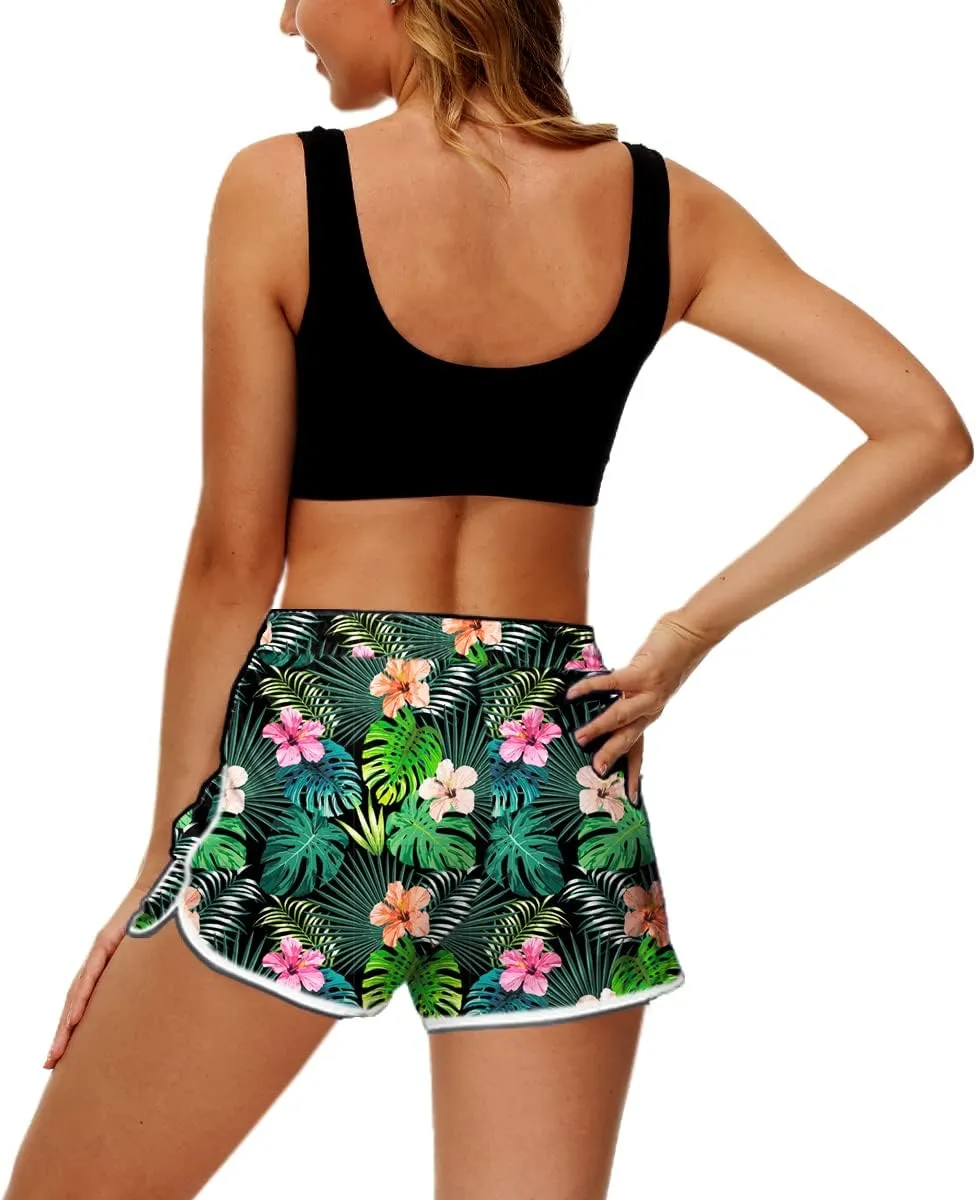 Deerose Women 4th of July Board Shorts Hawaiian Tropical Print Beach Swim Shorts with Pockets