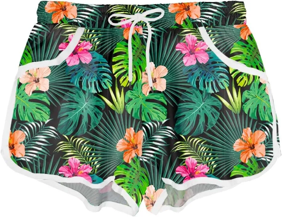 Deerose Women 4th of July Board Shorts Hawaiian Tropical Print Beach Swim Shorts with Pockets