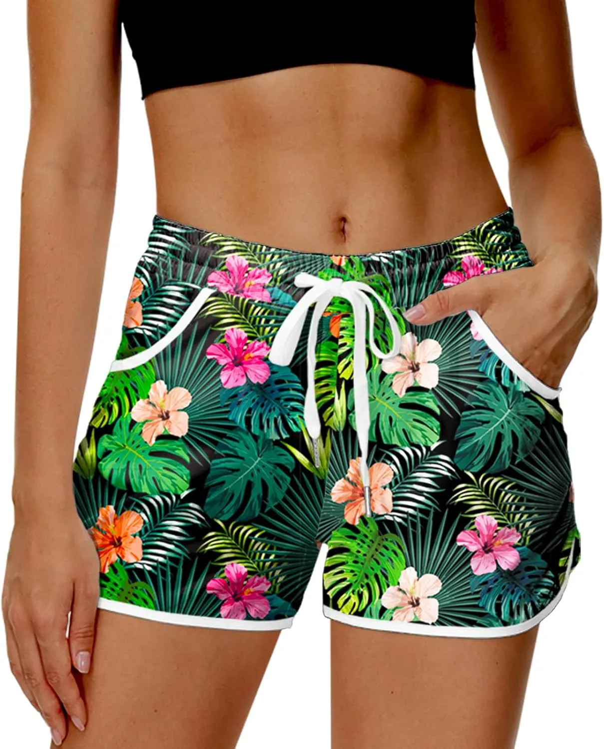Deerose Women 4th of July Board Shorts Hawaiian Tropical Print Beach Swim Shorts with Pockets