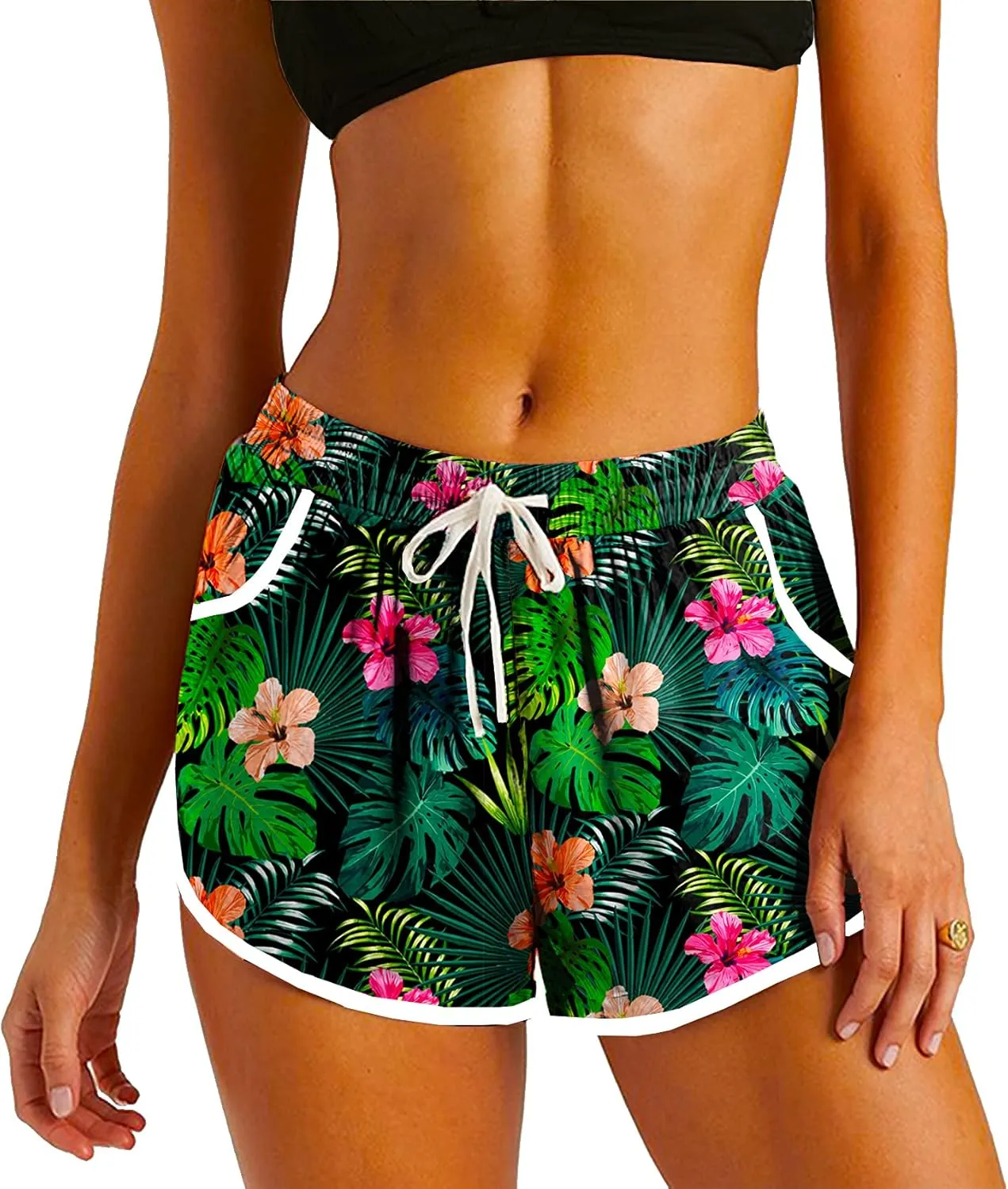 Deerose Women 4th of July Board Shorts Hawaiian Tropical Print Beach Swim Shorts with Pockets