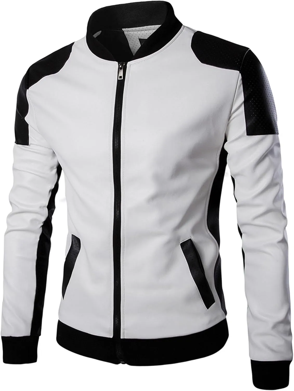 DGHM-JLMY Mens Classic Faux Leather Jacket White Black Moto Bomber Fashion Slim Fit Coat Motorcycle Bomber Jackets