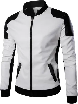 DGHM-JLMY Mens Classic Faux Leather Jacket White Black Moto Bomber Fashion Slim Fit Coat Motorcycle Bomber Jackets
