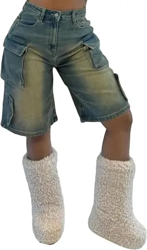 DINGANG Women's Cargo Jean Shorts High Waisted Knee Length Stretchy Bermuda Denim Shorts Flap Pockets