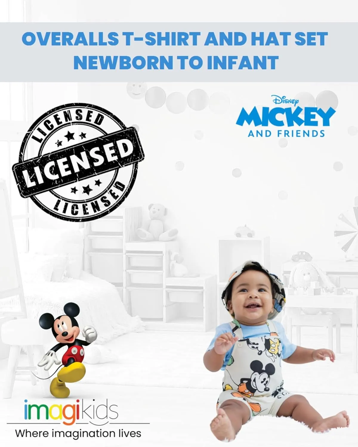 Disney Junior Baby French Terry Short Overalls, T-Shirt and Hat 3 Piece Outfit Set Newborn to Infant Sizes (OS - 24 Months)