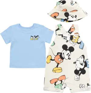 Disney Junior Baby French Terry Short Overalls, T-Shirt and Hat 3 Piece Outfit Set Newborn to Infant Sizes (OS - 24 Months)