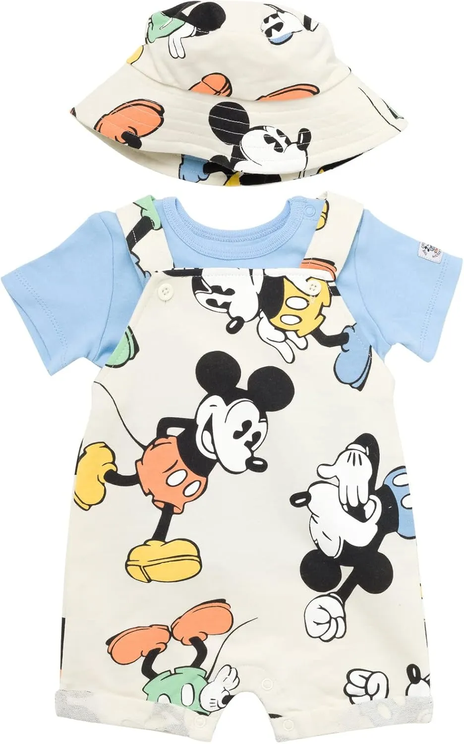 Disney Junior Baby French Terry Short Overalls, T-Shirt and Hat 3 Piece Outfit Set Newborn to Infant Sizes (OS - 24 Months)
