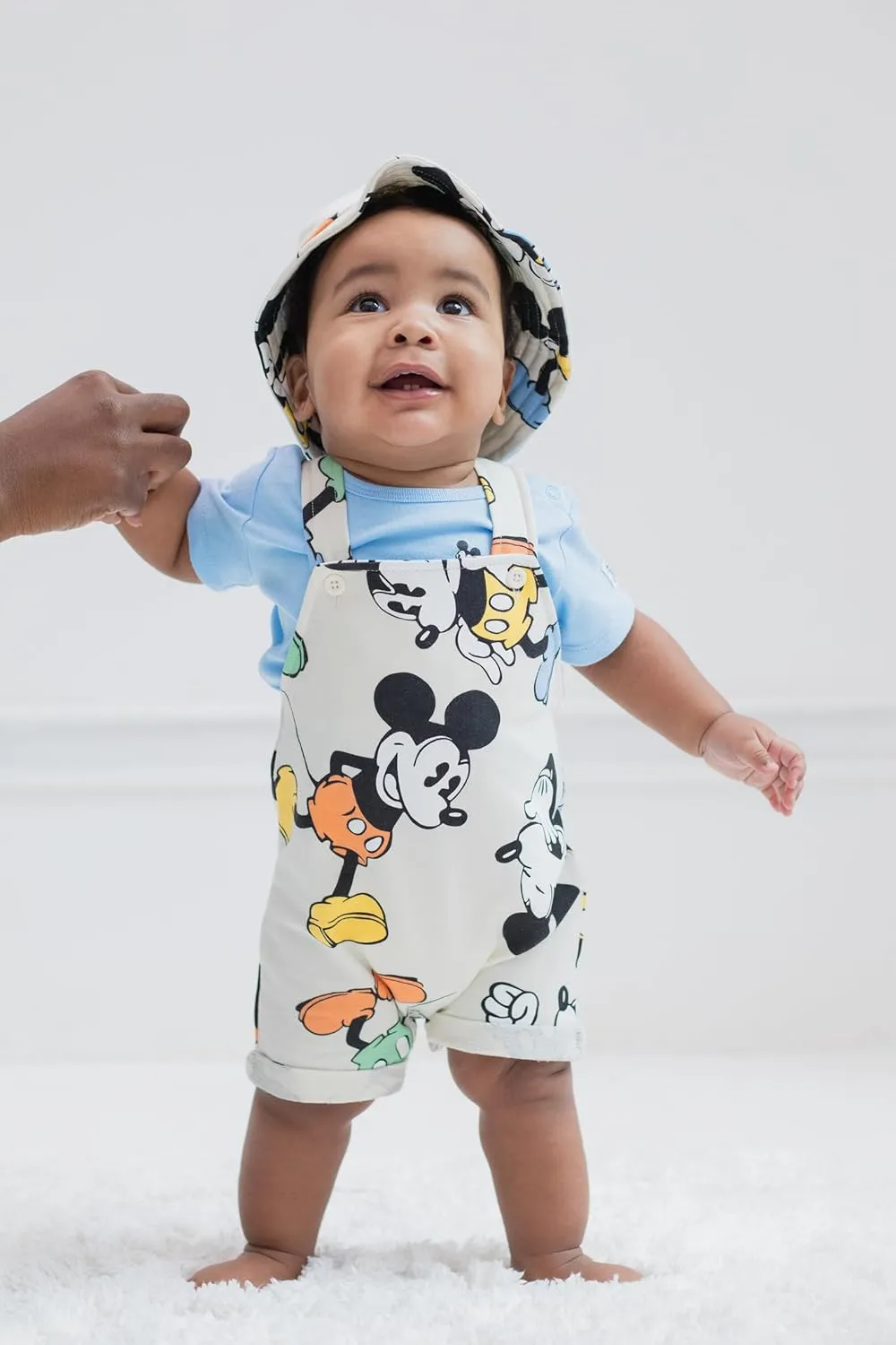 Disney Junior Baby French Terry Short Overalls, T-Shirt and Hat 3 Piece Outfit Set Newborn to Infant Sizes (OS - 24 Months)