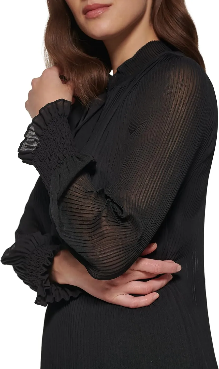 DKNY Women's Long Sleeve Tie Neck Pleated Dress