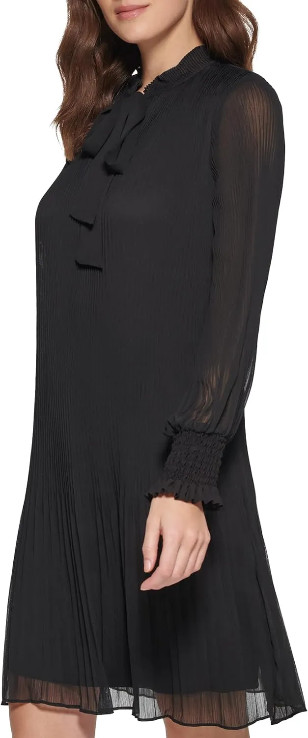 DKNY Women's Long Sleeve Tie Neck Pleated Dress