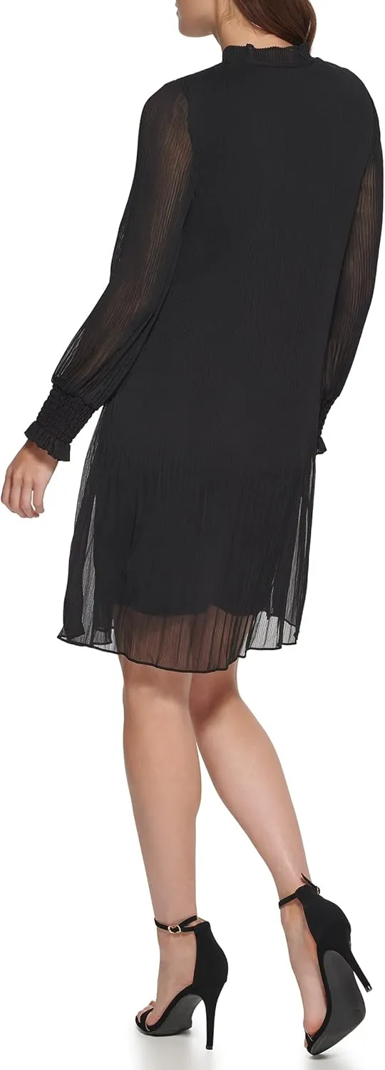DKNY Women's Long Sleeve Tie Neck Pleated Dress