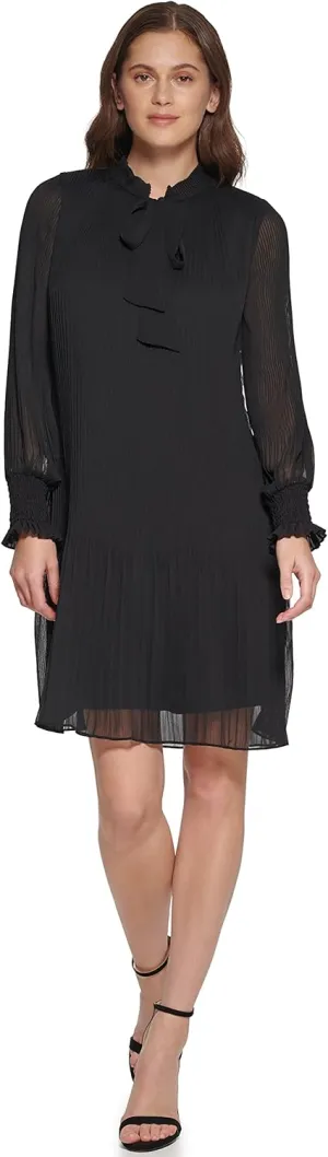 DKNY Women's Long Sleeve Tie Neck Pleated Dress